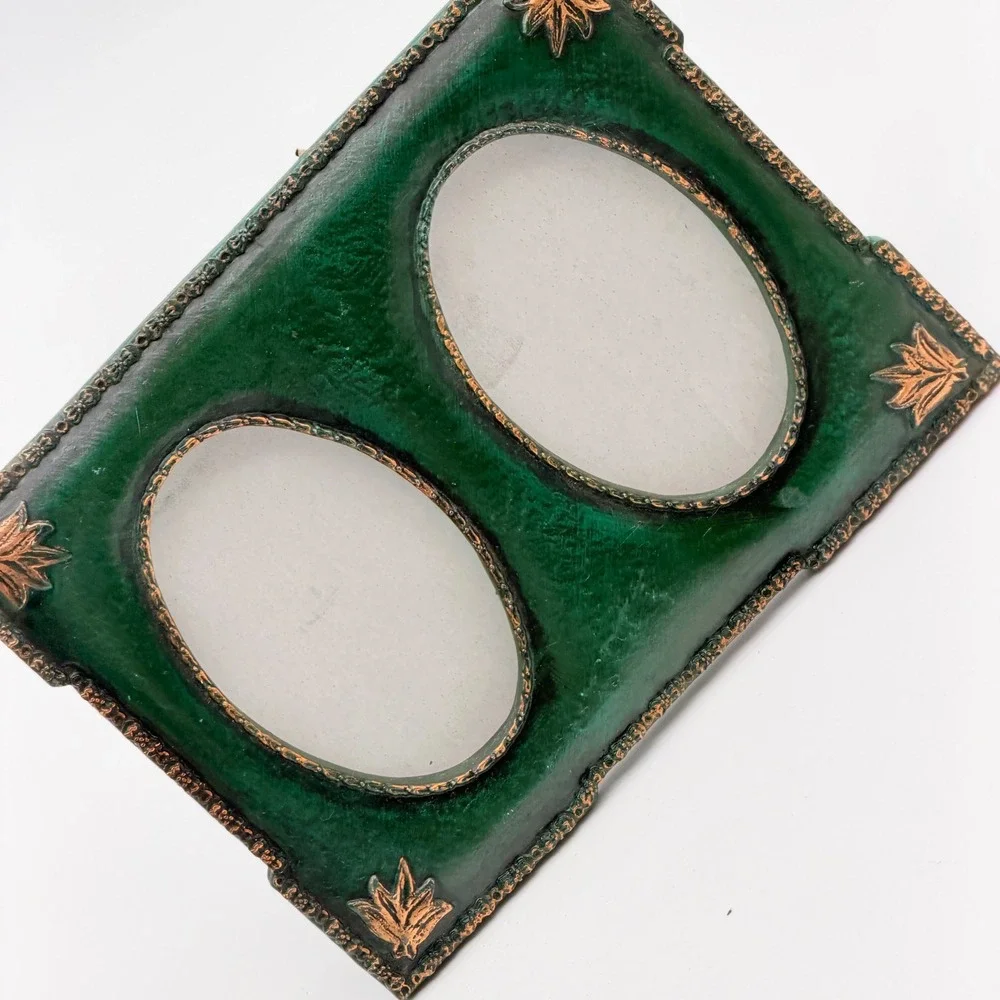 Vintage Style Hunter Green Bronze Double Oval Picture Frame Ornate Leaf Detail